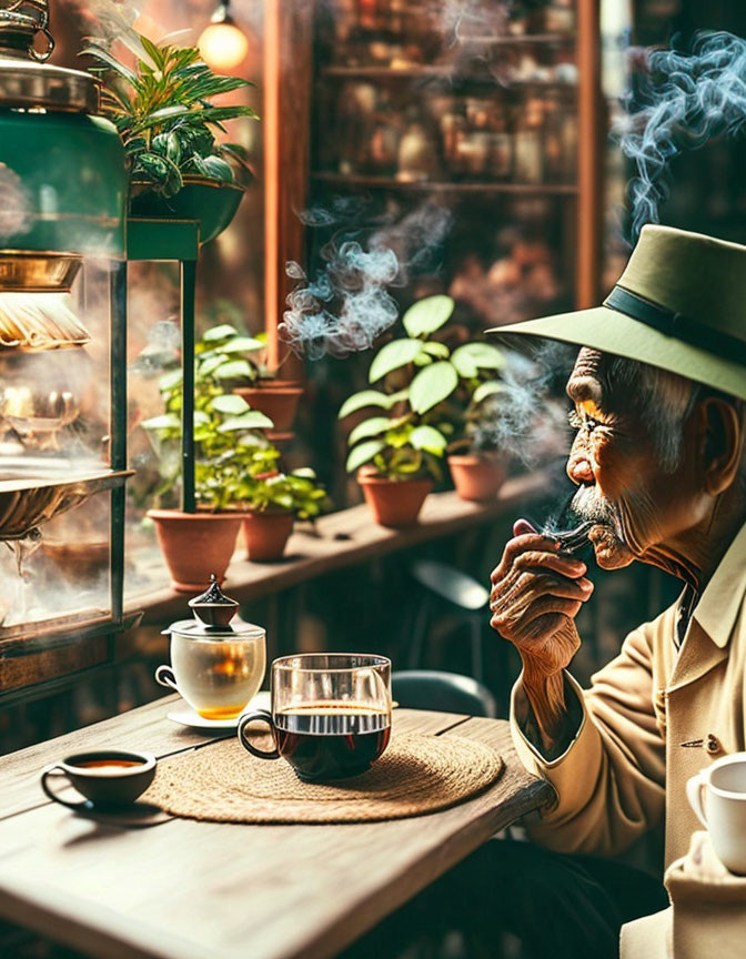 Elderly man with hat smoking pipe by window with plants and teapot on table