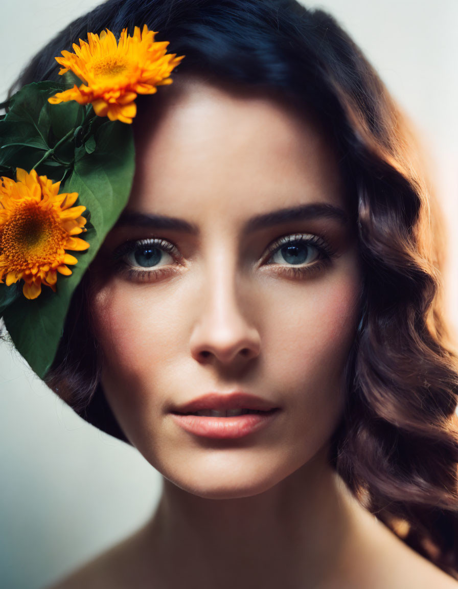 Brown-haired woman with orange flowers and intense gaze on soft-focus background