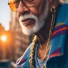 Elderly Man with White Beard and Sunglasses in Urban Setting
