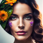 Brown-haired woman with orange flowers and intense gaze on soft-focus background