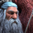 Blue Crowned Animated Character with White Beard and Scepter on Reddish-Brown Tree Background