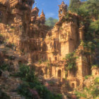 Sunlit ancient city with towering temples on steep cliffside