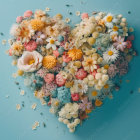 Colorful Heart-Shaped Flower Arrangement on Teal Background