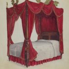 Antique Canopy Bed with Red Drapes and Gold Detailing