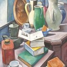 Tranquil still life painting with ceramic vases, fruits, books, and flowers