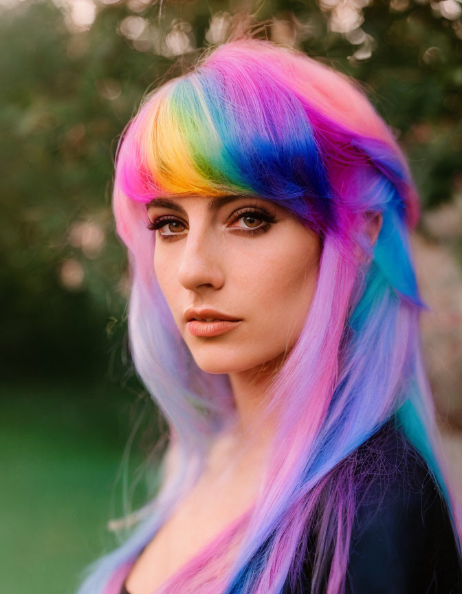 Pensive woman with multi-colored rainbow hair on soft-focus green background