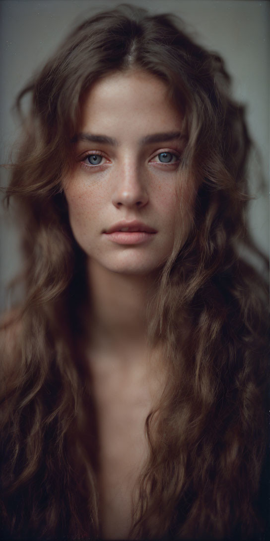 Portrait of Woman with Long Wavy Hair and Blue Eyes