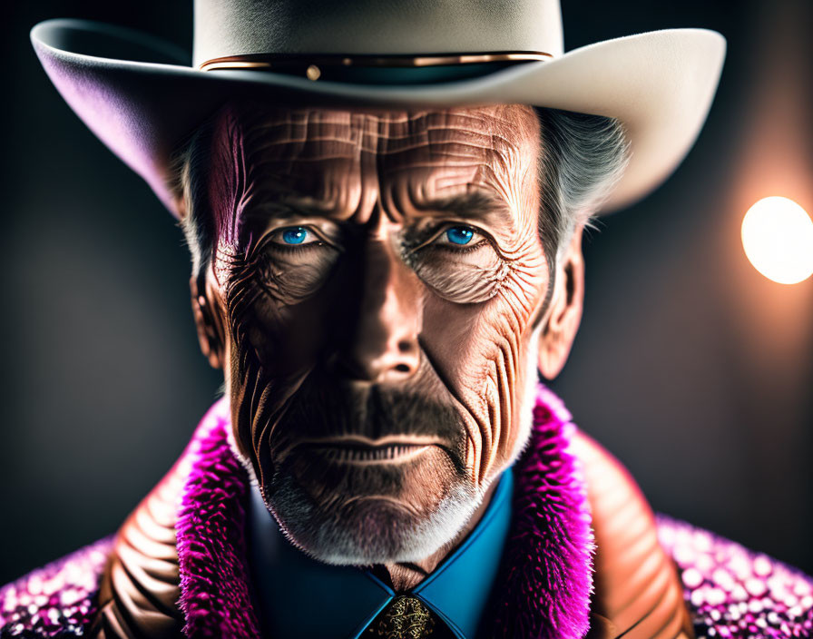 Elderly man in white cowboy hat and western shirt on dark background