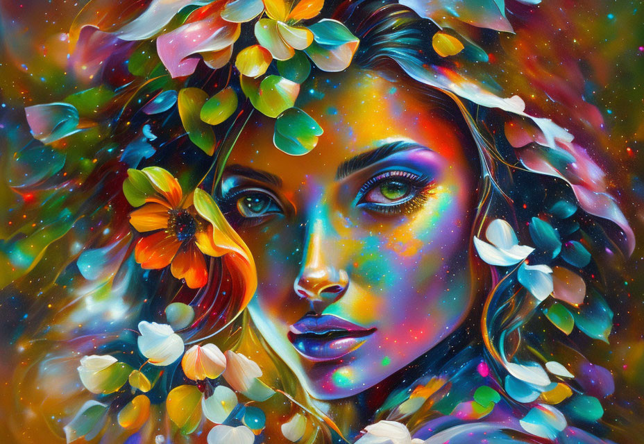 Colorful Portrait of Woman with Cosmic Skin Tones and Flower Adorned Hair