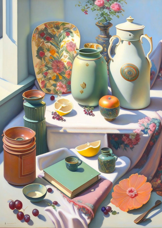 Tranquil still life painting with ceramic vases, fruits, books, and flowers