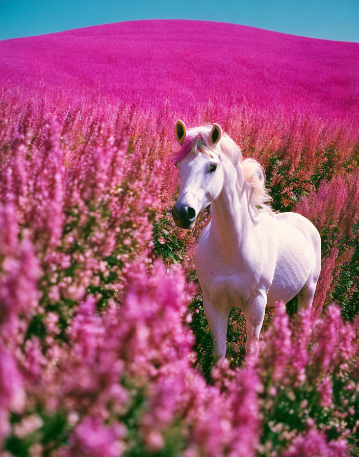 White horse in pink flower field with yellow glasses