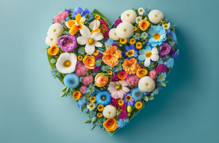 Colorful Heart-Shaped Flower Arrangement on Teal Background