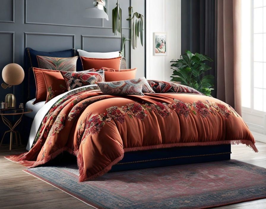 Stylish bedroom with burnt orange floral bedding, dark blue headboard