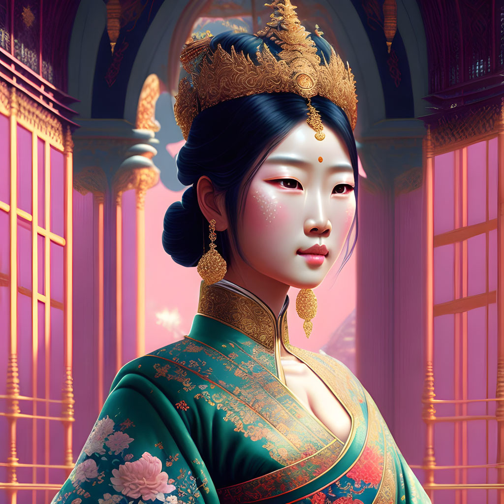 Regal woman in traditional Asian attire with ornate headdress in room with pink pillars and windows