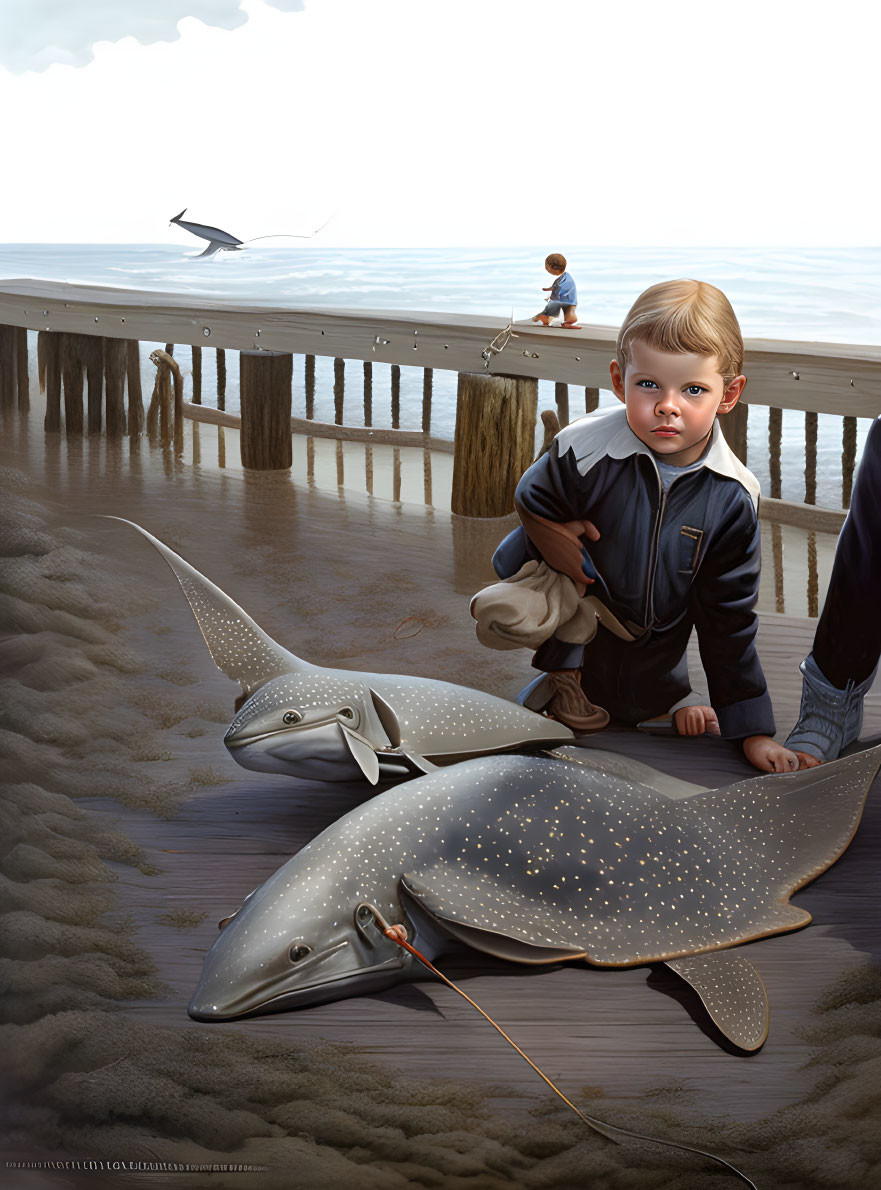 Two beached whales with young boy and seagull by pier