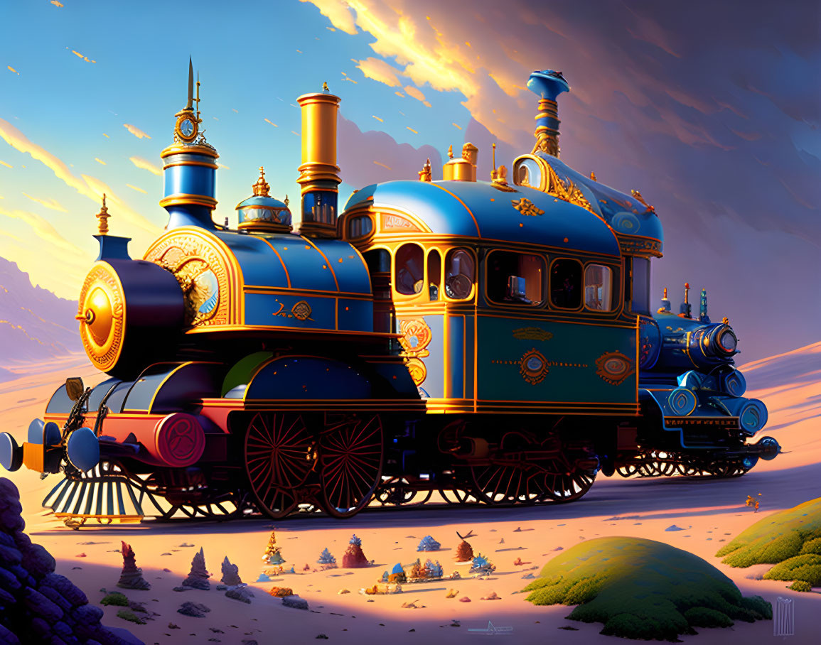 Detailed vintage steam locomotive illustration in blue and gold against desert sunset.