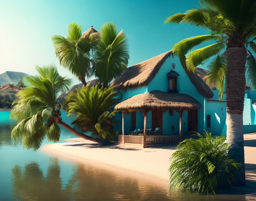 Tropical Beach Scene with Thatched Roof Cottage and Palm Trees