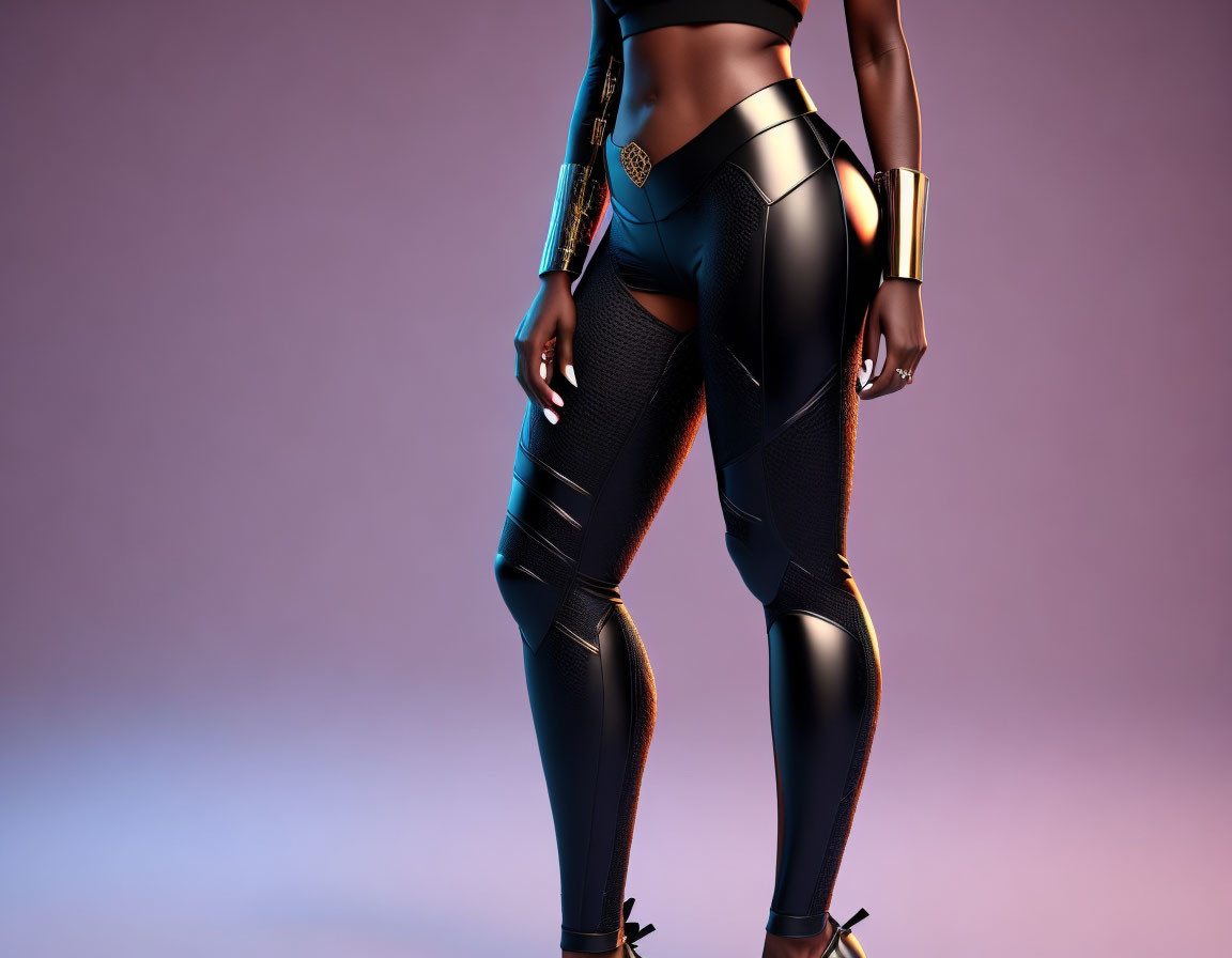 Futuristic black and blue bodysuit with glowing elements on purple backdrop