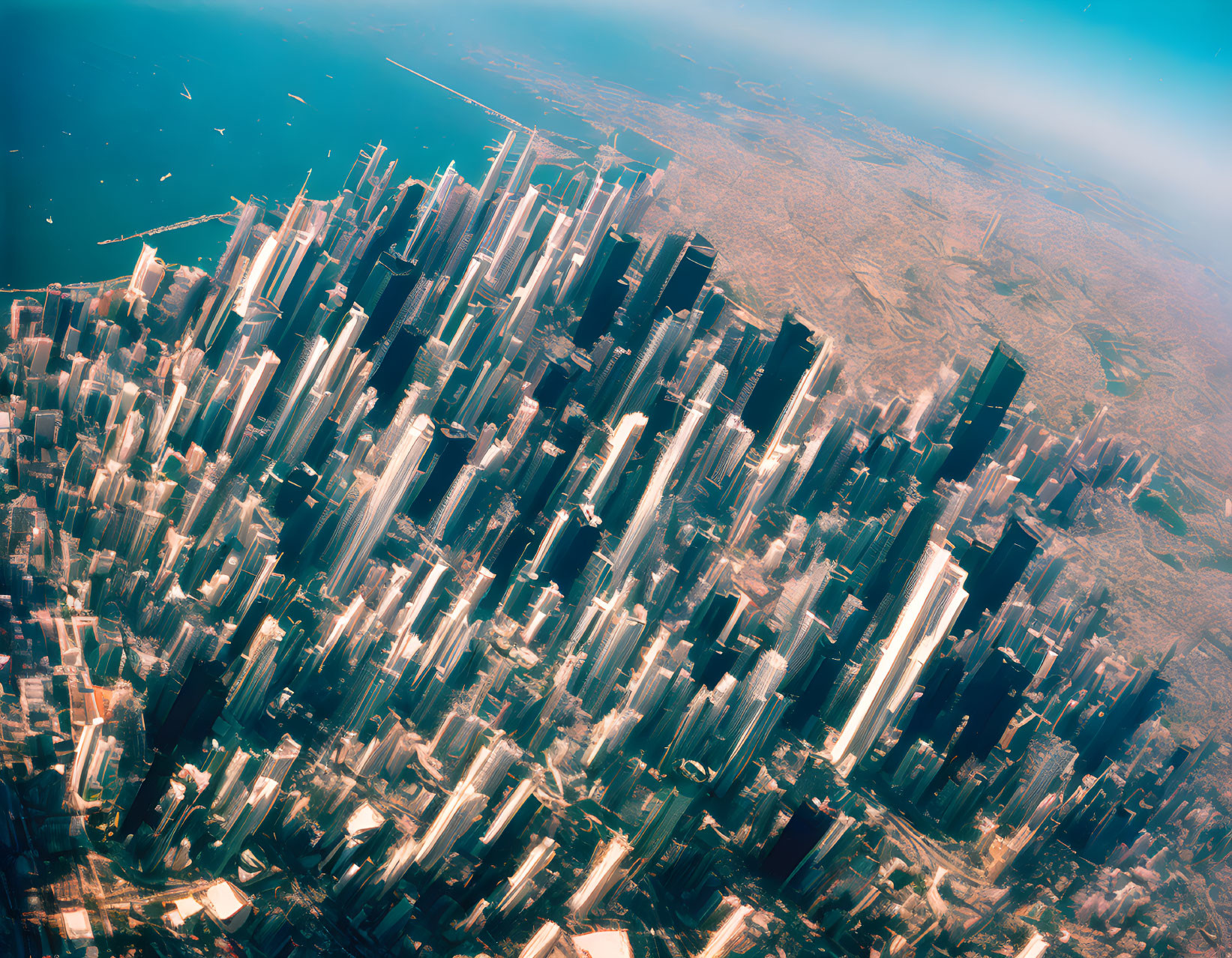 Urban skyline with skyscrapers, coastal line, and clear skies