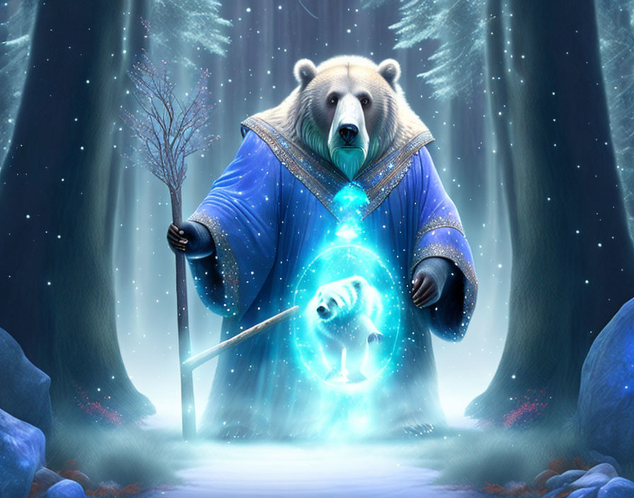 Anthropomorphic bear in robe casting spell with staff in mystical forest