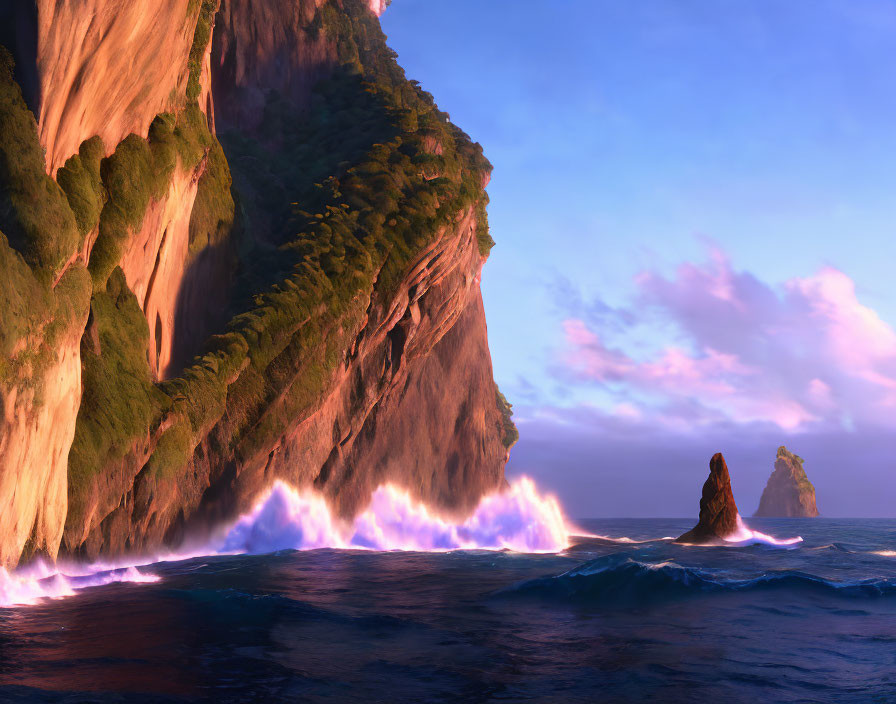 Majestic cliff at sunset with bioluminescent waves and rock formations