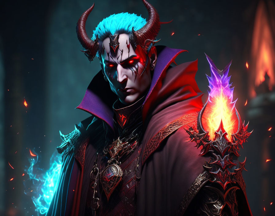 Fantasy character with blue hair and horns casting blue and red magic flames in fiery setting