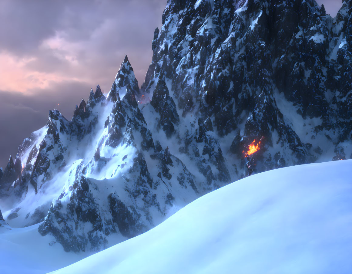 Snowy Mountain Peaks at Dusk with Sunset Sky and Lava Flow