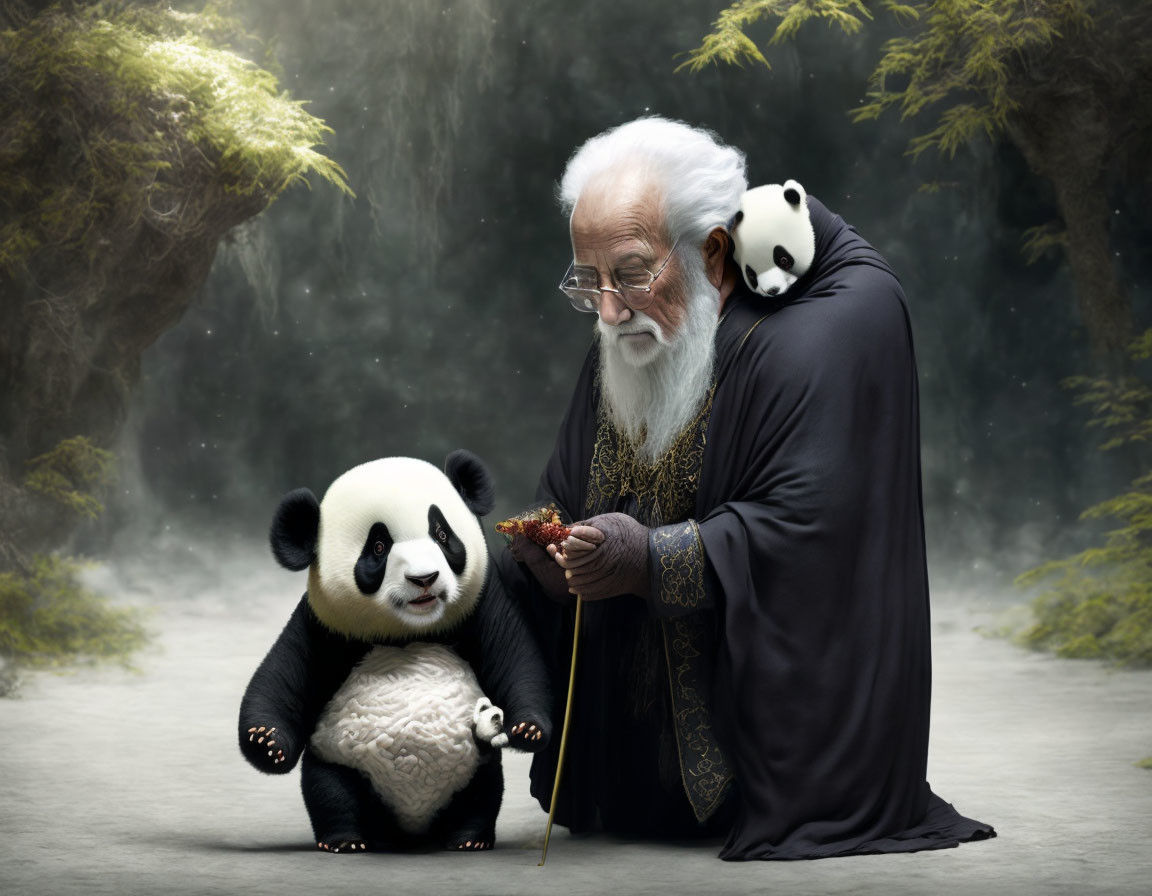 Elderly man in robe with panda and bamboo shoot in misty forest