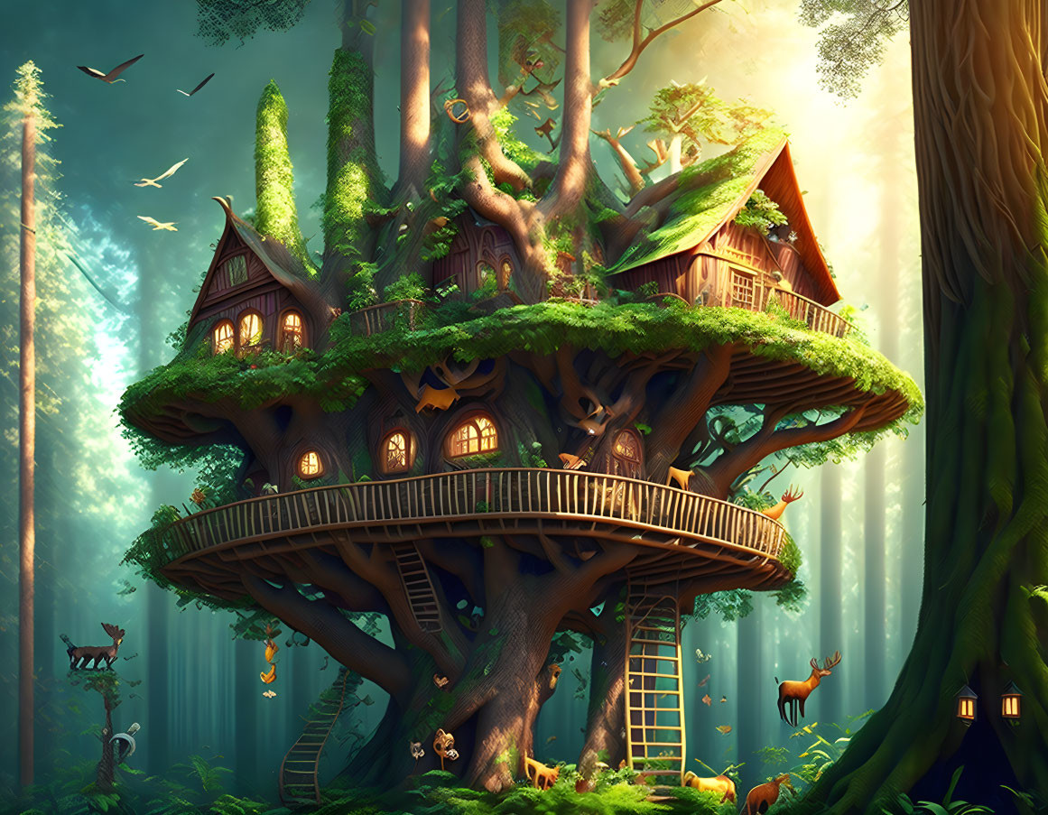 Enchanting treehouse in magical forest with woodland creatures