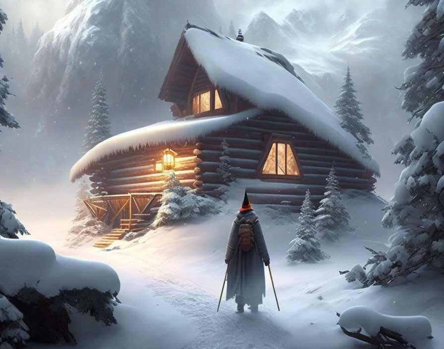 Mysterious figure in cloak at snowy cabin in forest