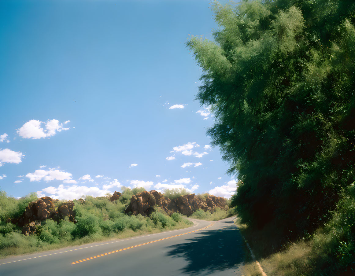 Scenic road with green bushes, rocks, and blue sky