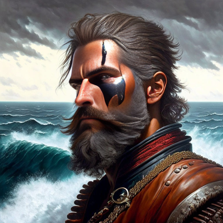 Portrait of stern man with dark beard, mustache, sideburns, and eyepatch against