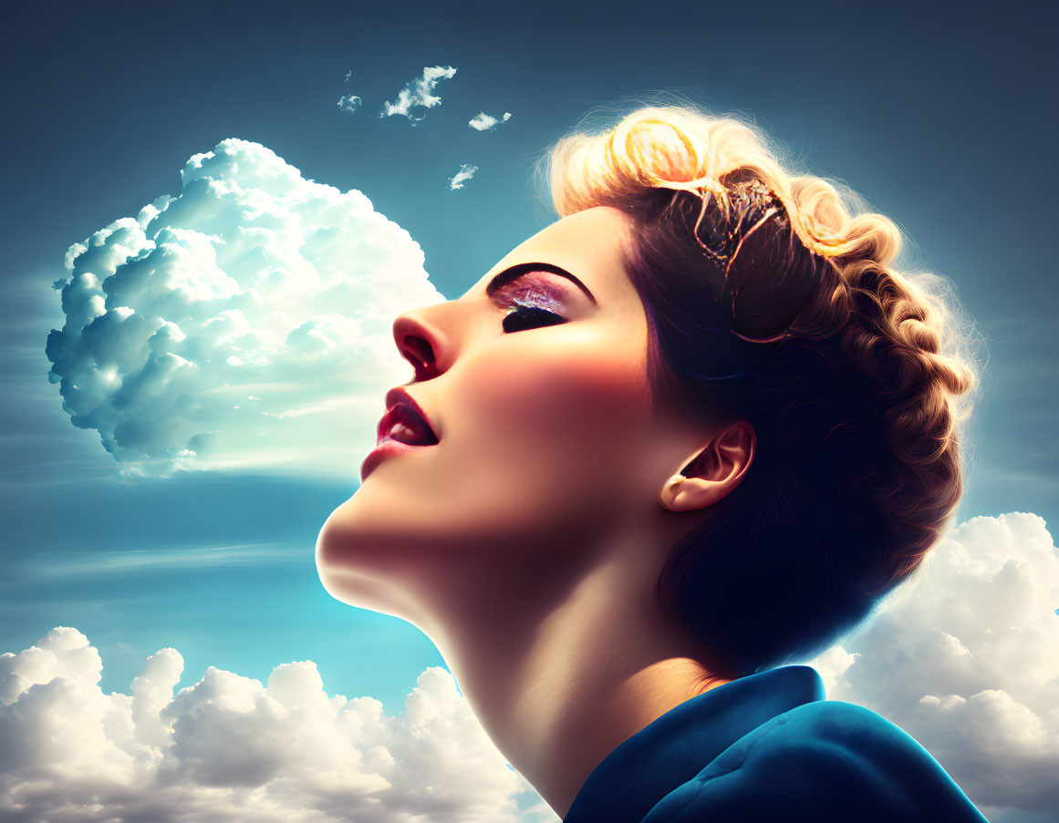 Stylized portrait of woman with vintage hair and makeup gazing at cloud in dramatic sky