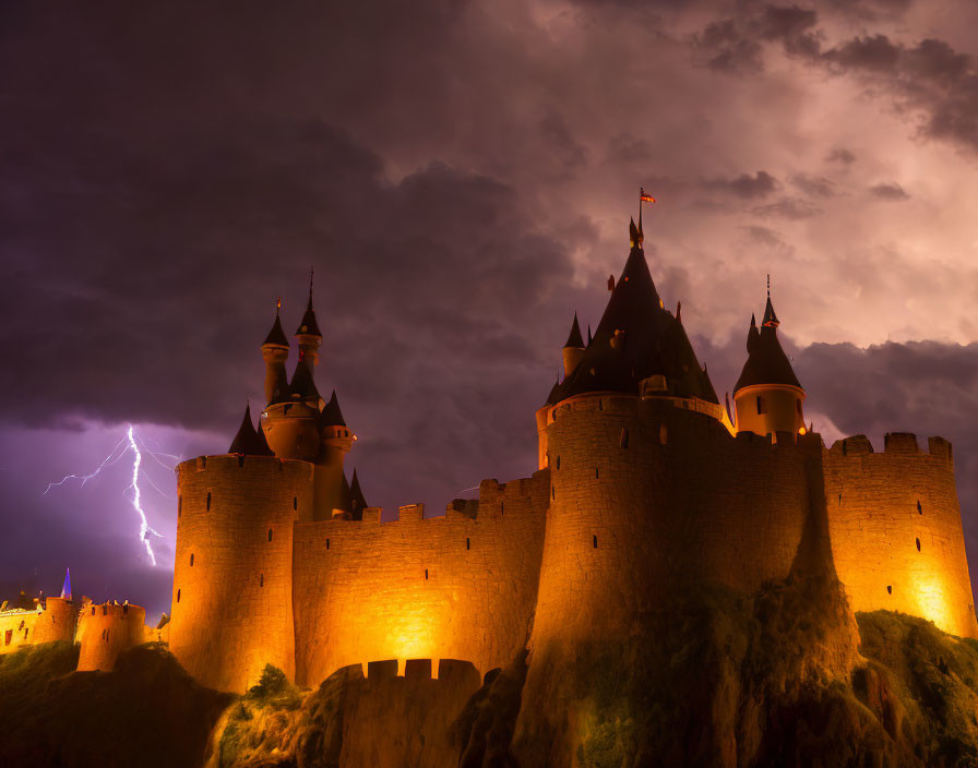 Medieval castle illuminated at night in stormy weather