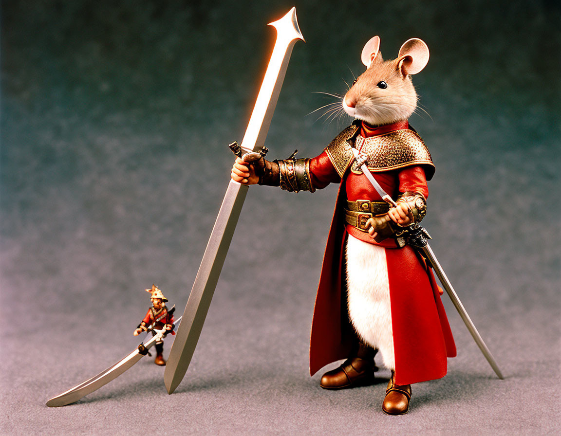 Anthropomorphic mice figurines as medieval knights with glowing sword & red cloak