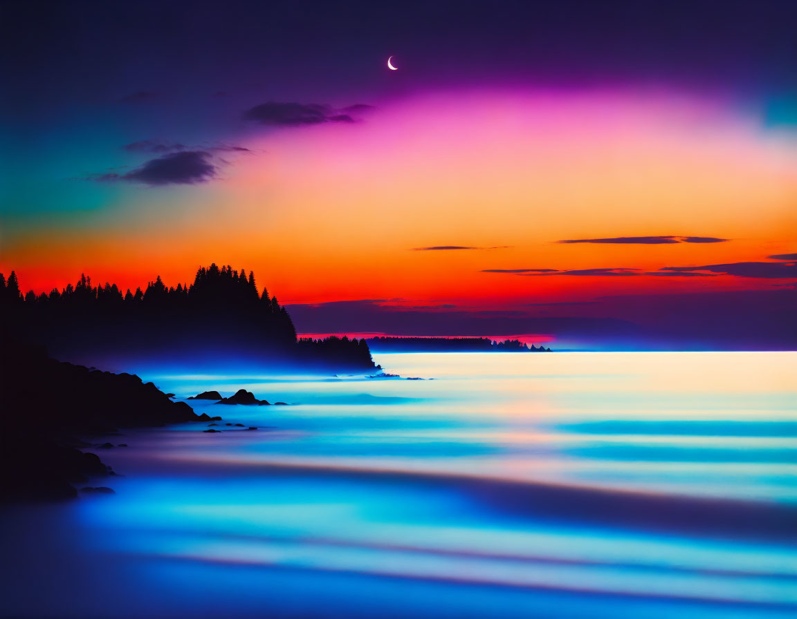 Tranquil seascape: Vibrant sunset, purple-orange sky, crescent moon