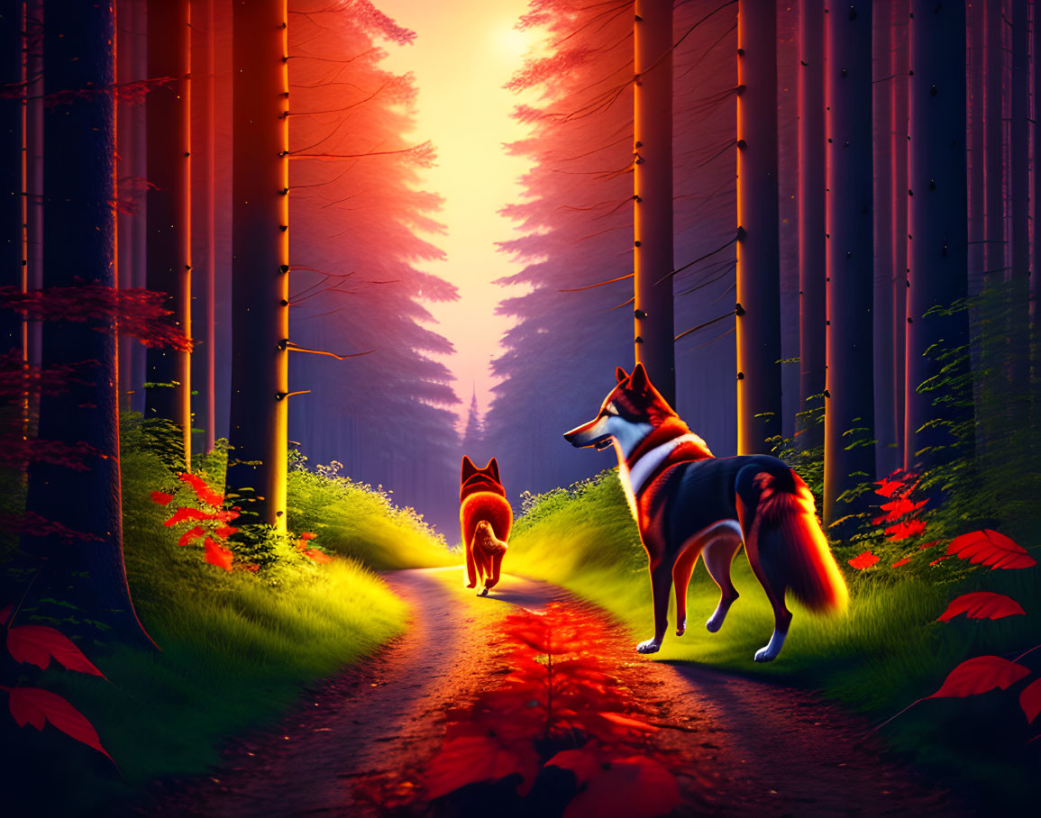 Forest path scene with two dogs at sunset among red foliage and towering trees