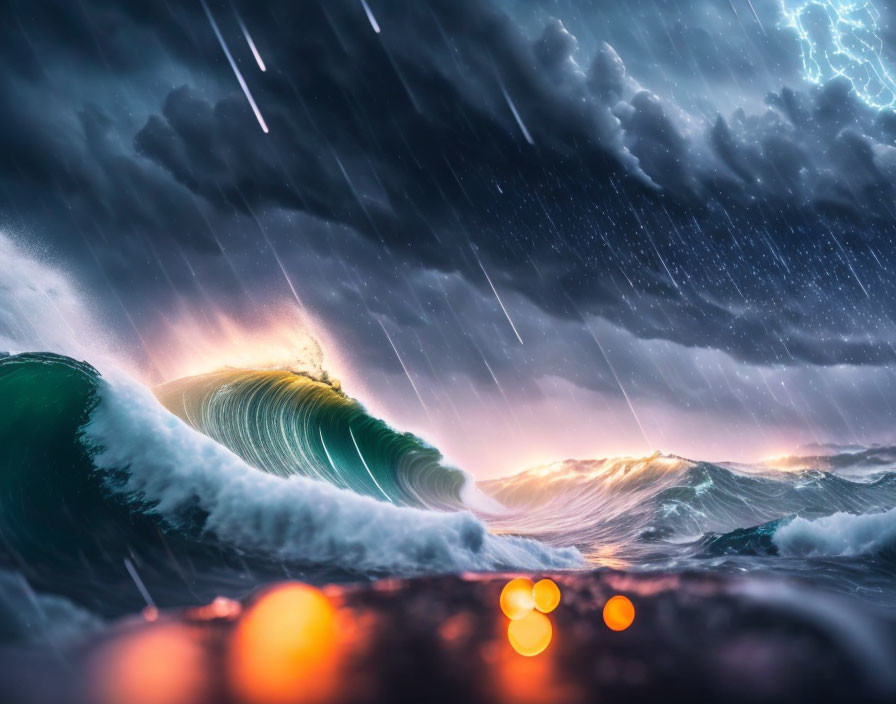 Dramatic Ocean Scene with Towering Waves and Lightning Bolt