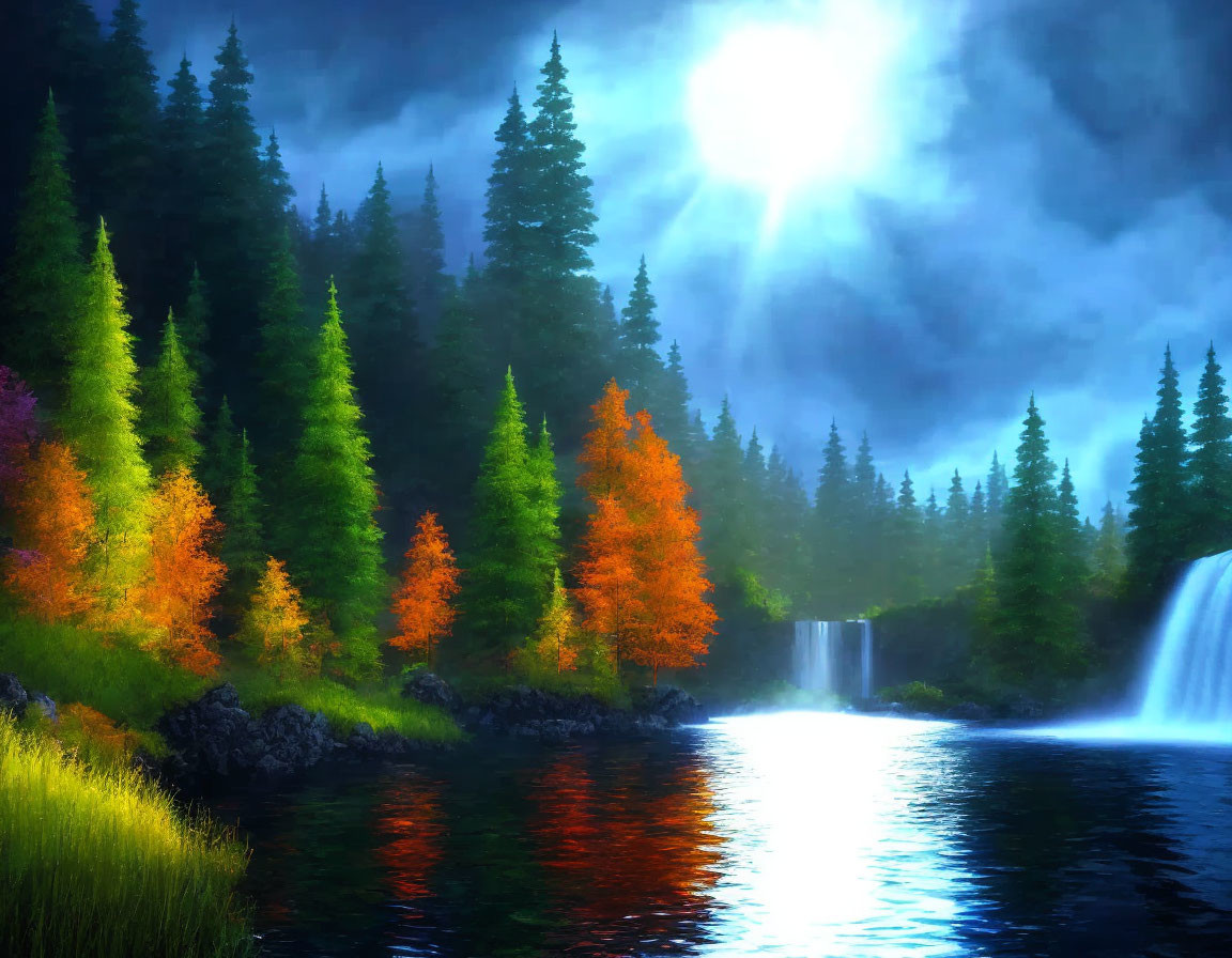 Tranquil landscape with waterfall, river, and autumnal evergreen trees