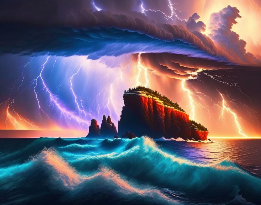 Digital artwork of stormy sea with lightning around lush island