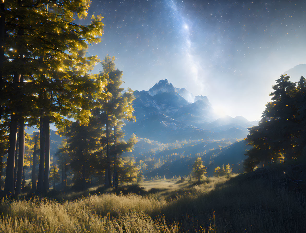 Tranquil forest scene with tall pine trees, mountain range, and starry sky