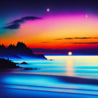 Tranquil seascape: Vibrant sunset, purple-orange sky, crescent moon