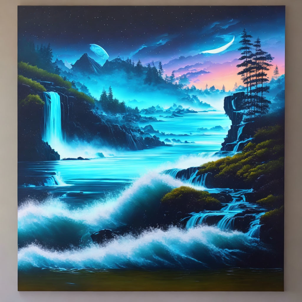 Surreal landscape painting: Nighttime waterfalls, waves, starry sky