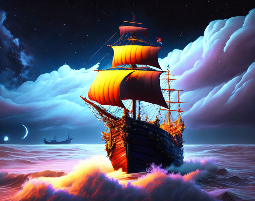 Colorful Ship Artwork Sailing on Glowing Waves at Night