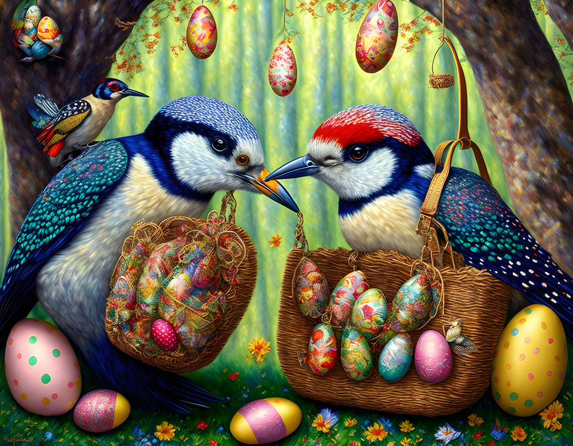 Colorful Birds Holding Basket with Decorated Eggs in Easter Setting