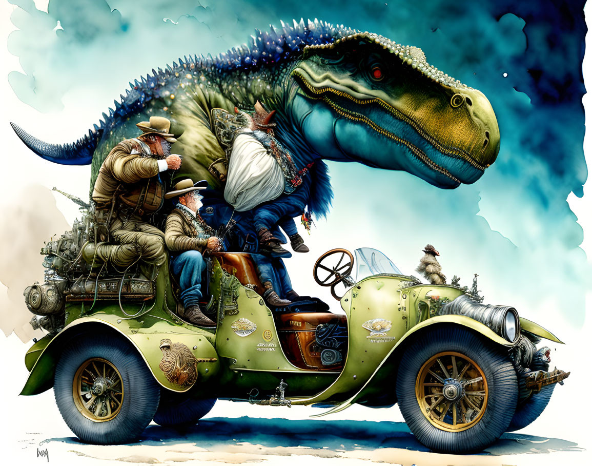 Illustration of adventurer in classic car with dinosaur and humanoid cat.