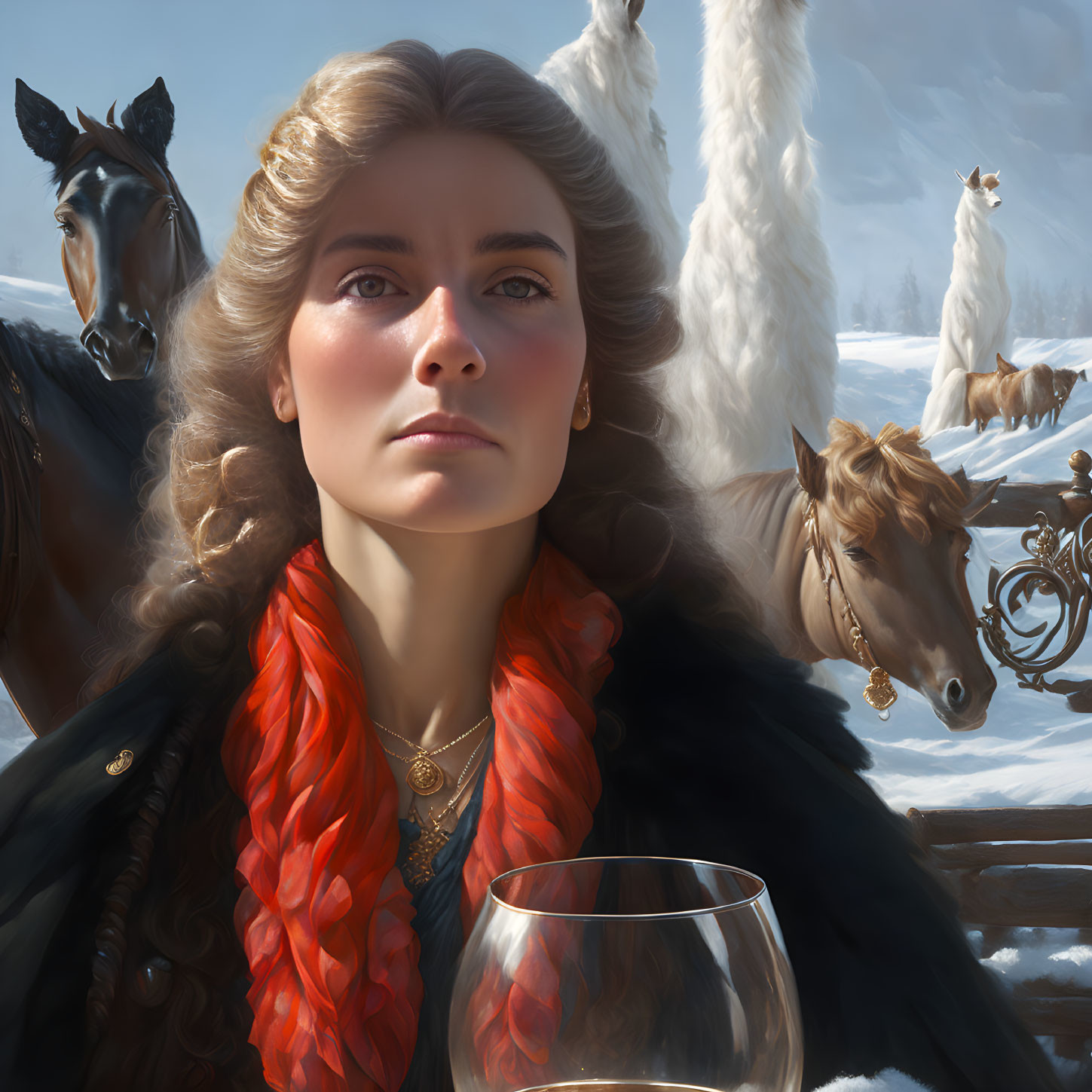 Digital painting of woman with braided red hair holding glass in winter landscape