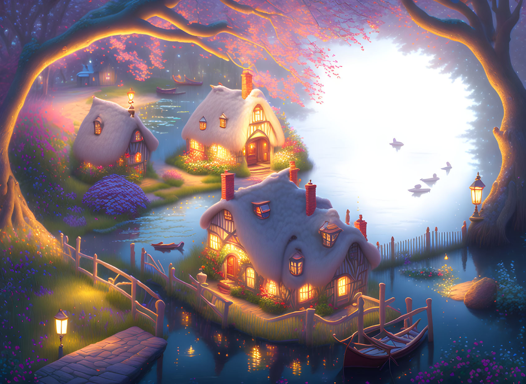 Twilight fantasy village with thatched cottages and cherry blossoms