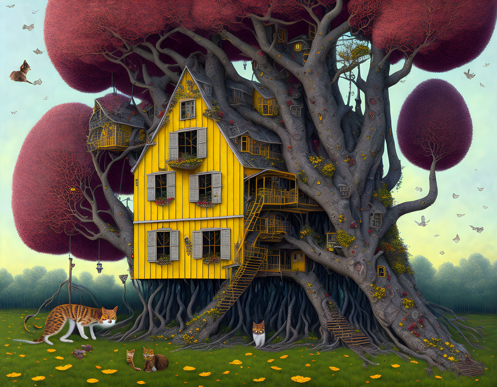 Whimsical illustration: Large yellow house in tree roots with red-leafed trees, butterflies,