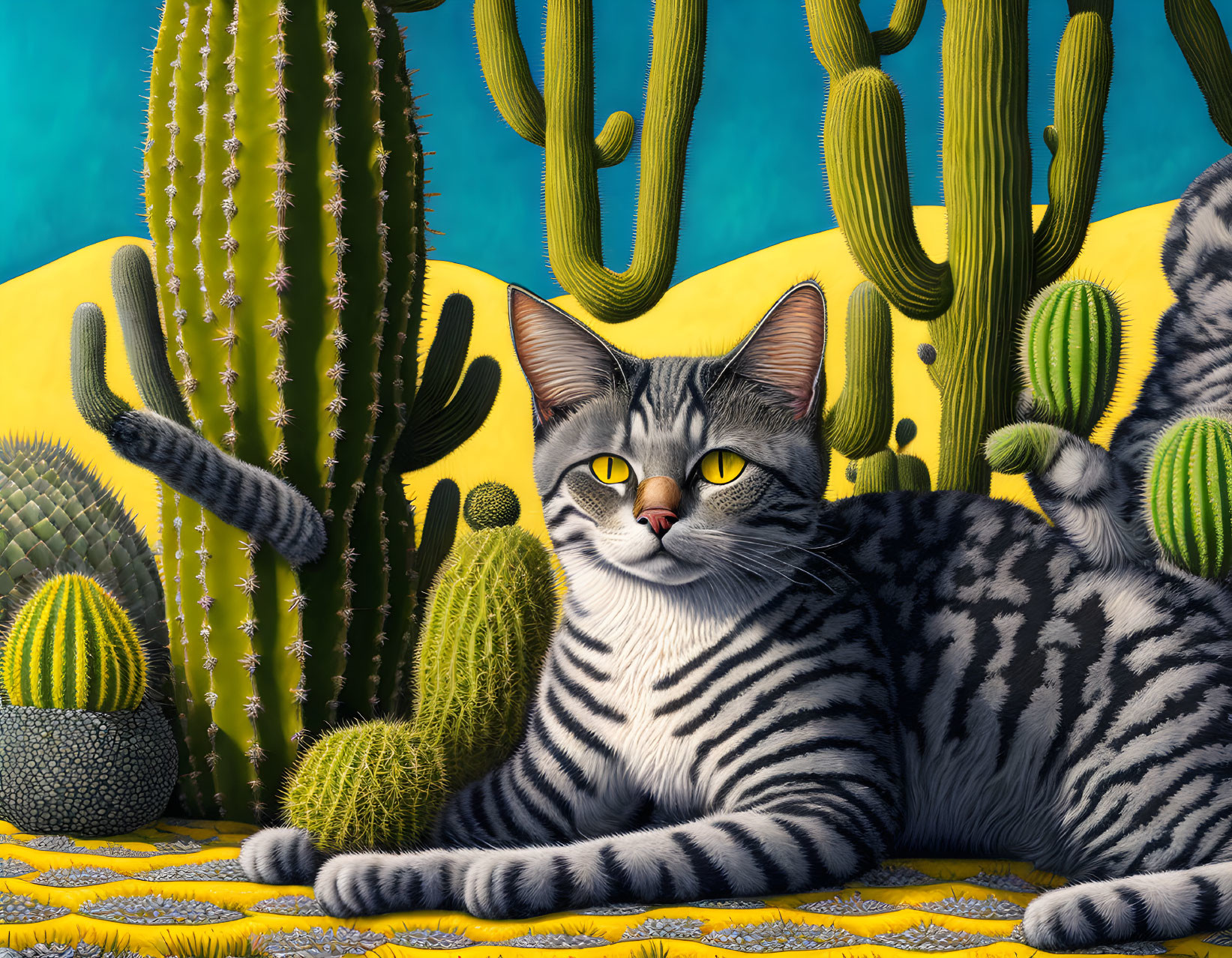 Gray Striped Cat with Cacti and Yellow Moon Background